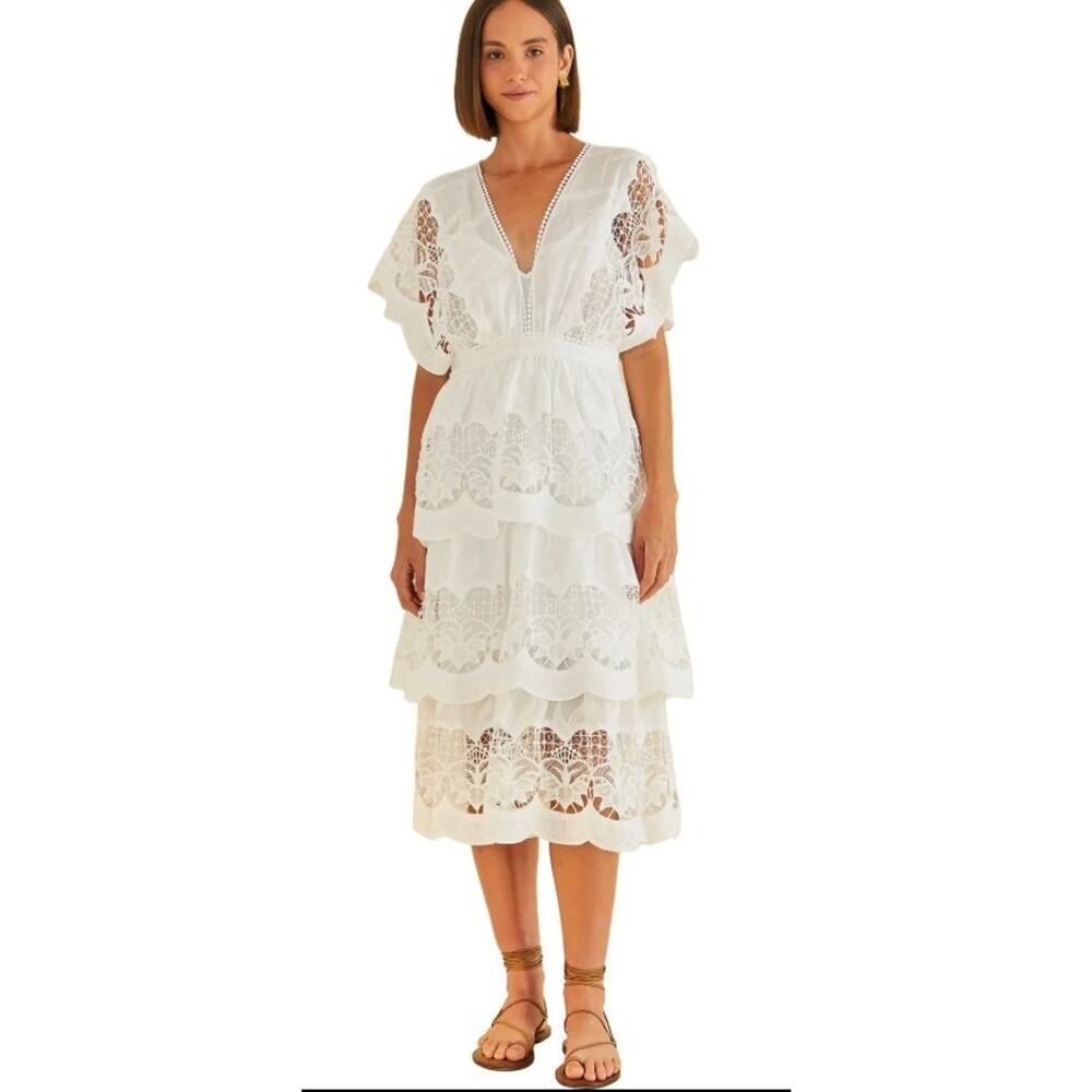 New! FARM Rio White Richelier Midi Dress Sz M Lace Embroidered Tiered Sz XS #58 - Picture 2 of 10